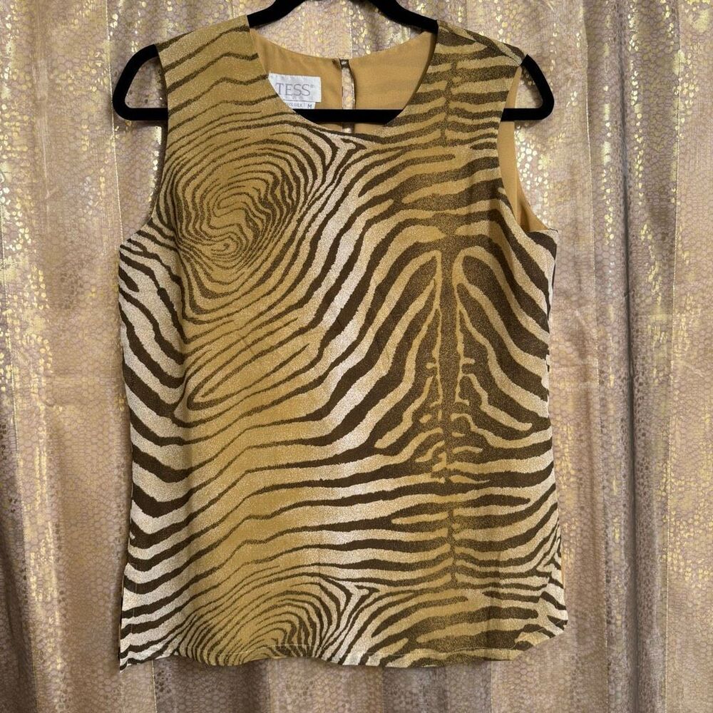 TESS Vintage 100% Silk 90's Office Wear Brown Animal‎ Print Blouse Medium